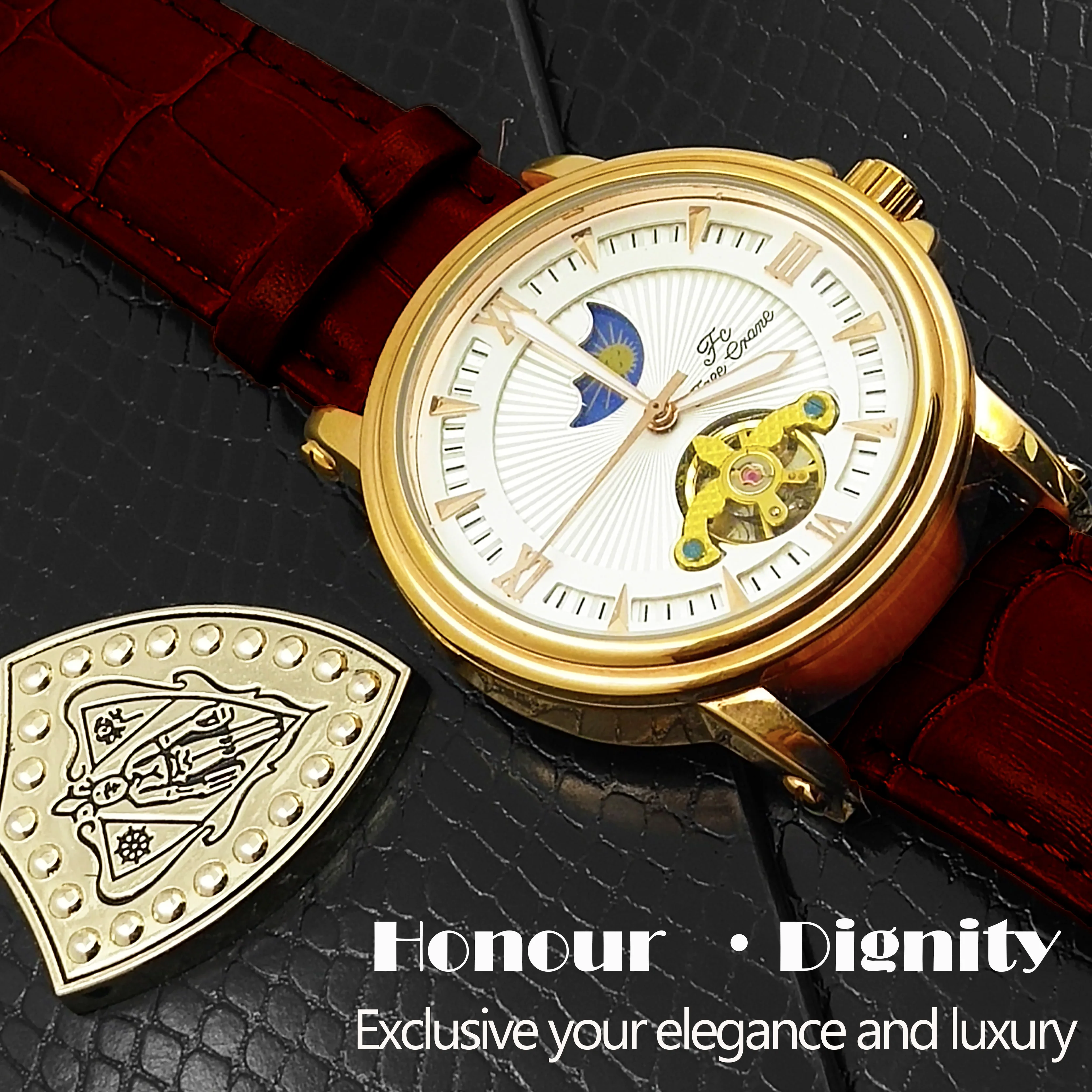 Полый гравировальный Золотой корпус кожаный Скелет механические часы для мужчин