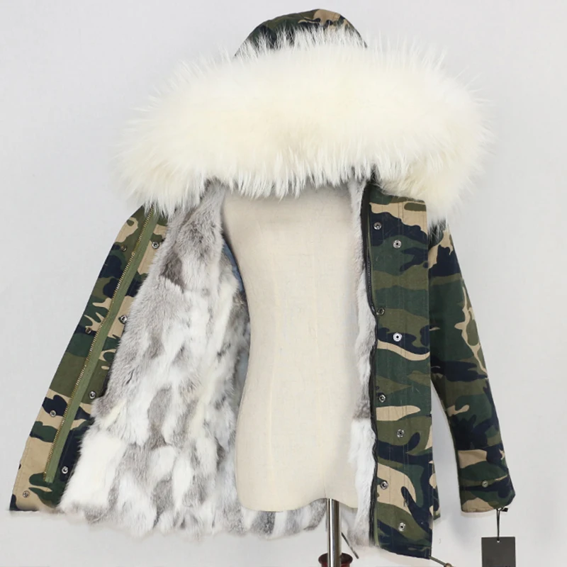 camo white Зимняя женская куртка, пальто с натуральным мехом, парка с воротником из натурального меха енота, Толстая теплая подкладка из кроличьего меха, уличная одежда, новинка, повседневная одежда - Цвет: camo white