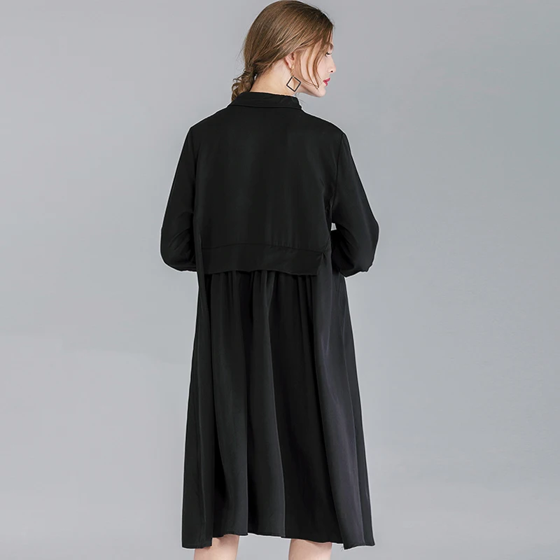 2019 одноцветное цвет Весенняя Блузка Платье плюс размеры карманов дизайн
