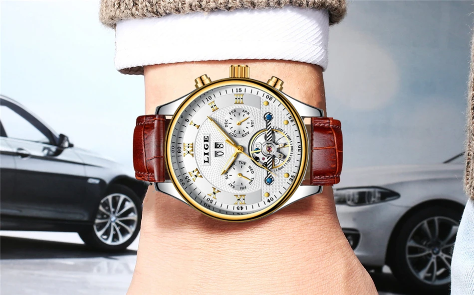 LIGE Fashion Sports Watch Men Business Leather Clock Mens Watches Top Brand Luxury Automatic Mechanical Watch Relogio Masculino