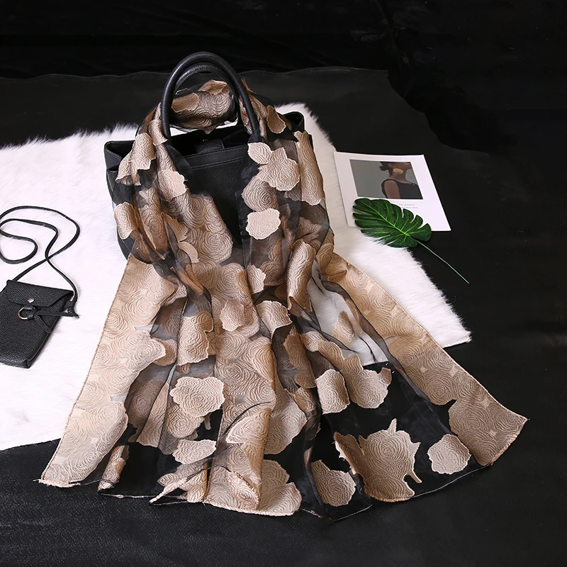 P6A18778 beige Шелковый шарф женский летний легкий шарф из органзы S9076 - Цвет: P6A18778 beige