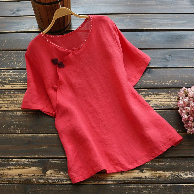 6418 Summer Women Literary Vintage Chinese Style T-shirts Buckle Loose Short Sleeve V-Neck Ramie T-shirt Tops | Женская одежда
