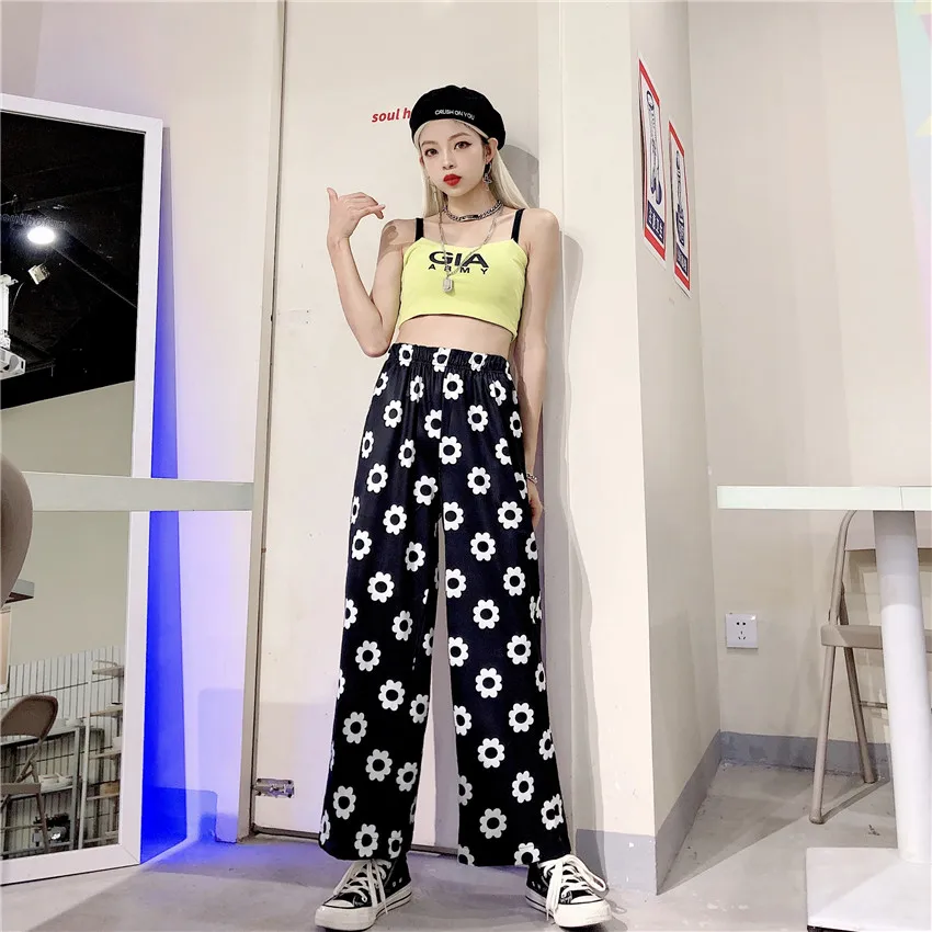Оранжевый цвет: черный, синий с рисунком в виде ромашек и бандана Kawaii Boho строка Высокая талия карман свободного кроя в стиле «Лолита»; сезон лето брюки корейский брюки Харадзюку Для женщин Симпатичные