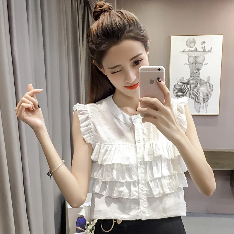 Летняя блузка без рукавов с оборками и воротником-стойкой Маленькая прозрачная