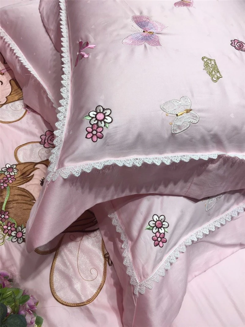 

Luxury Egypt Cotton Lovely little angel Lace Bedding Set Embroidery Bowknot Duvet cover Bed Sheet Pillowcases Twin Queen size