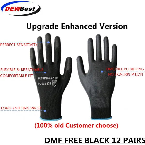 Black DMF 12pairs DEWBest guantes trabajo безопасности работы Перчатки Pu защитные рабочие перчатки 24/, 12 пар носочков на автомобильной сборки Перчатки - Цвет: Black DMF 12pairs