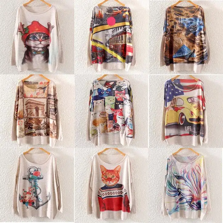 Женский трикотажный свитер с длинным рукавом и принтом | Женская одежда