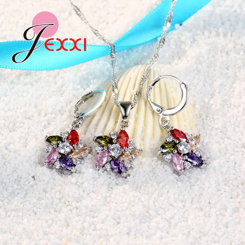 Комплект из колье и серёг серебра с фианитом|women wedding jewelry set|wedding setsflower set |