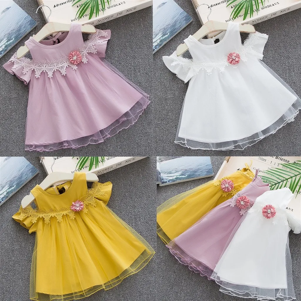 Летнее платье для маленьких девочек цельнокроеное однотонное с цветочным