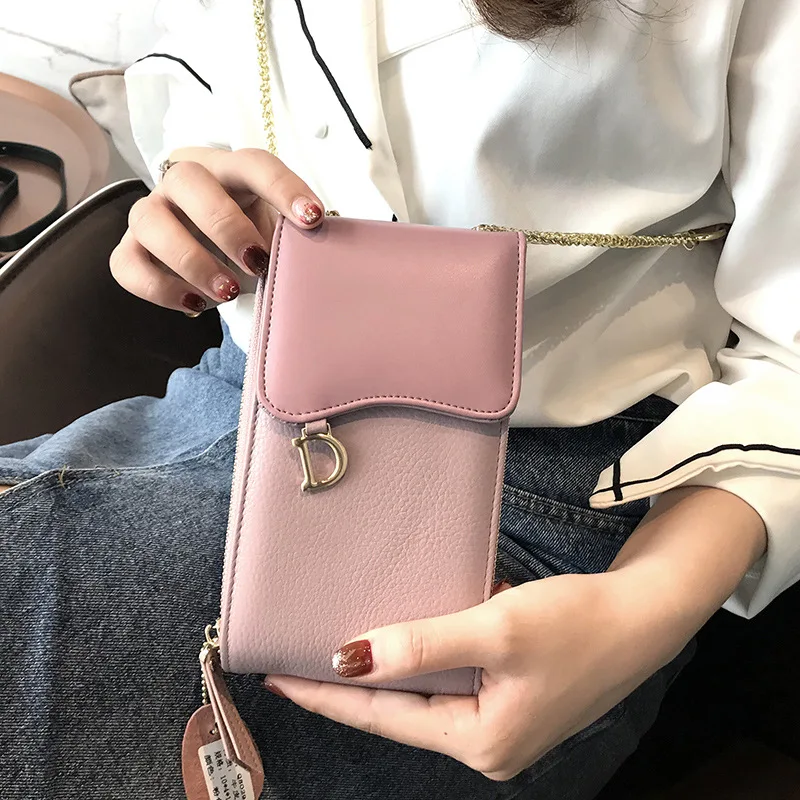 Розовый CICICUFF Genuine Leather Women Mobile Phone Bags Fashion Small Purse Female Chain Buckle Mini Shoulder Messenger Bag for IPhone - Цвет: Розовый
