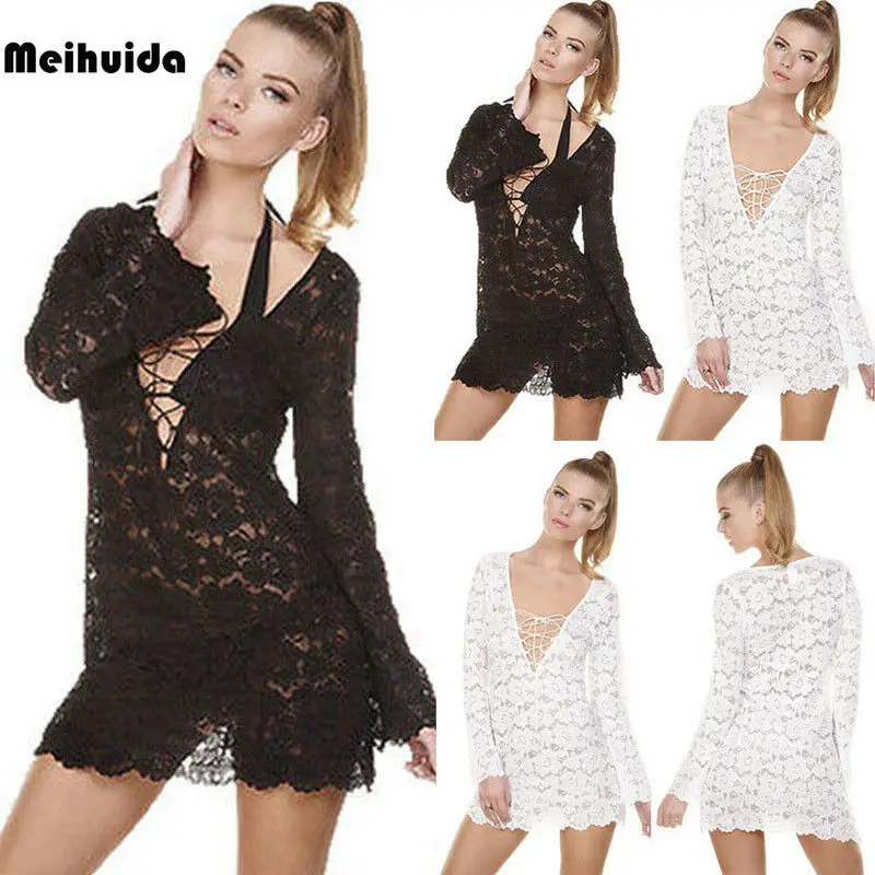 

Новинка, летний купальник с глубоким V-образным вырезом, кружевное, вязаное крючком пляжное бикини, накидка с длинным рукавом, Женская Белая Туника, купальники, Пляжное Платье