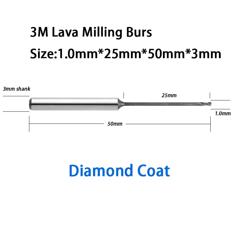 

3M Lava 500 CADCAM Milling Burs Tools With Diamond Coat 1.0mm Head Diameter 50mm Length