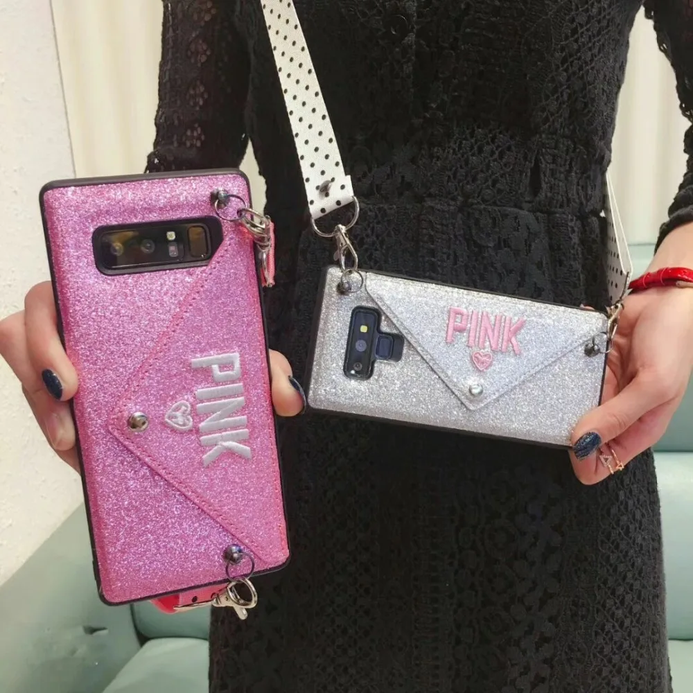 Luxury PINK Glitter Embroidery Leather Lanyard Fashion Brand Case for iPhone XR XS MAX 7 8 6 s Plus X samsung note8 9 secret |