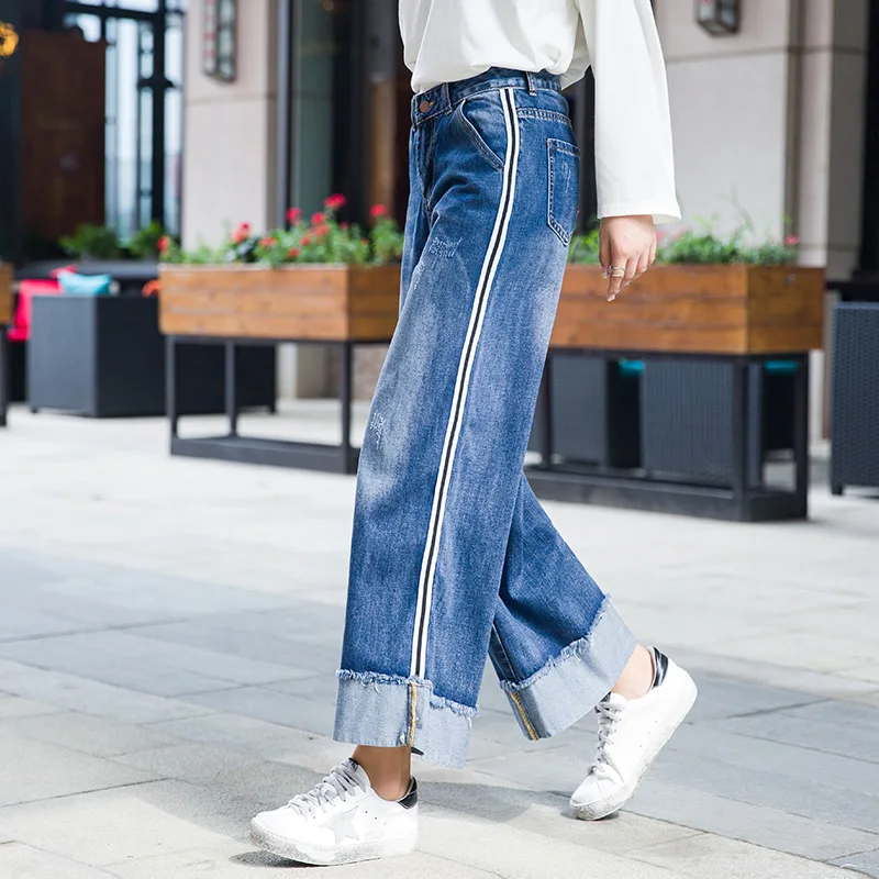 Женские джинсы Широкие джинсовые брюки с высокой талией femme свободные синие для