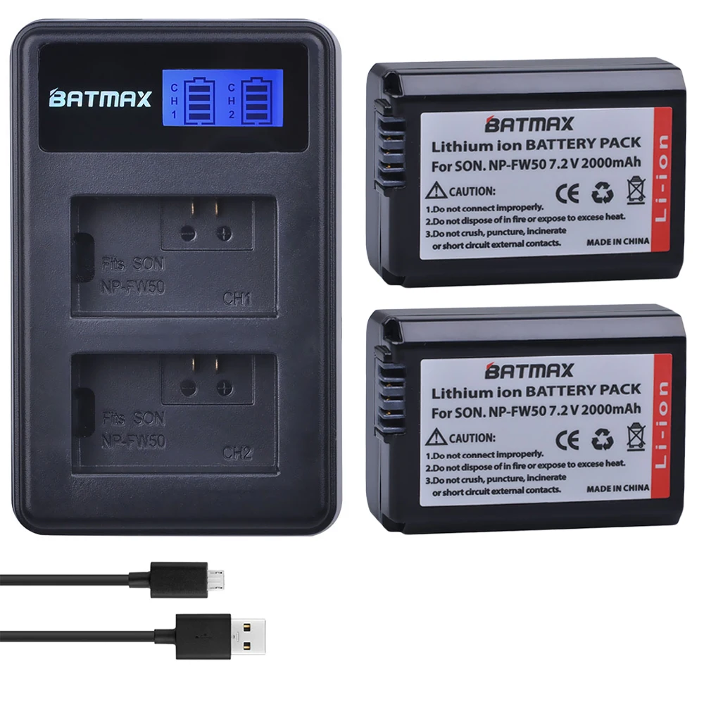 2Pcs 2000mAh NP-FW50 NP FW50 Camera Battery + LCD USB Dual Charger for Sony Alpha a6500 a6300 a6000 a5000 a3000 NEX-3 a7R