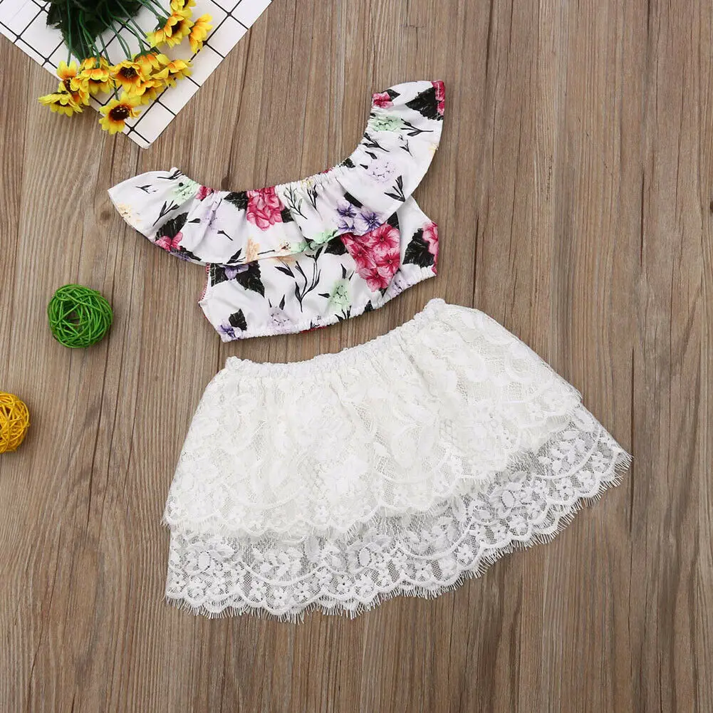 2019 Floral Toddler Baby Kids Girls Clothes Off-shoulder Crop Tops Skirts 2pcs Outfits Summer | Детская одежда и обувь