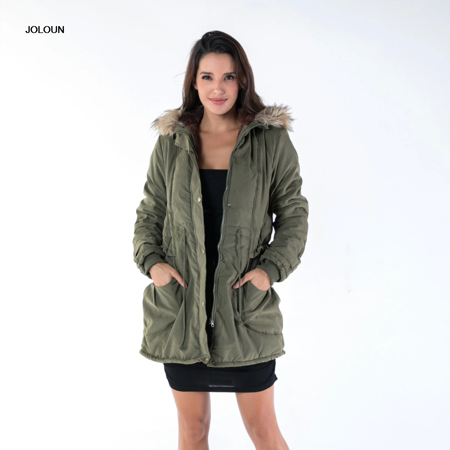 Женское теплое длинное пальто с меховым воротником куртки капюшоном Тонкая