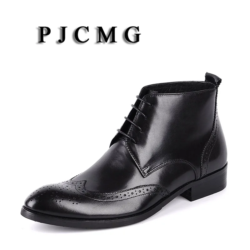

PJCMG New Cowhide Boots Genuine Soft Leather Black/Red Pointed Toe Breathable Bullock Patterns Oxford Dress Shoes For Men Boots