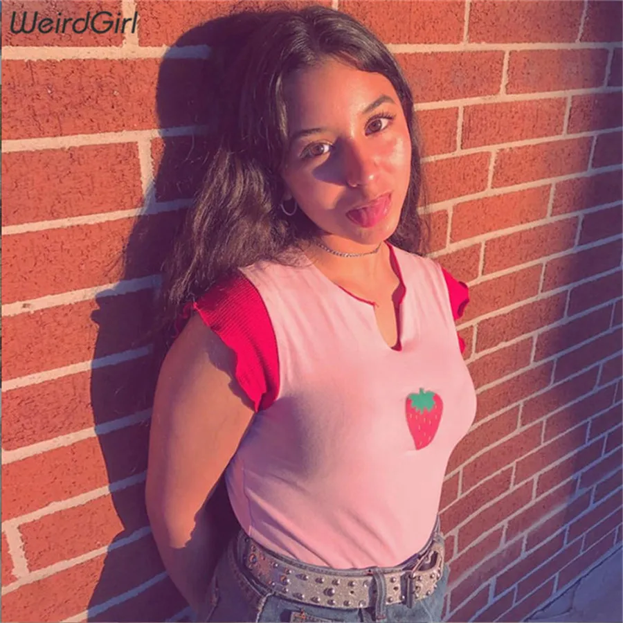 Weirdgrirl, женская футболка, клубника, милая, короткий рукав, модные женские топы, красный, розовый, пэчворк, уличная одежда, летняя, крутая, новинка