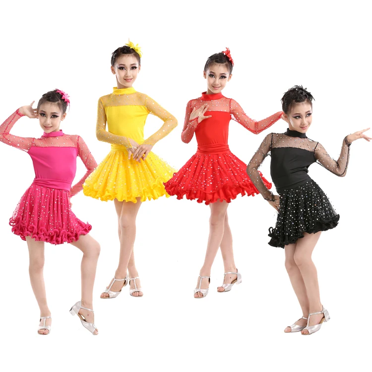 Long Sleeve Sexy Lace Sequin Girls Kids Ballroom Dresses / Tango Salsa Latin Dance Dress Children