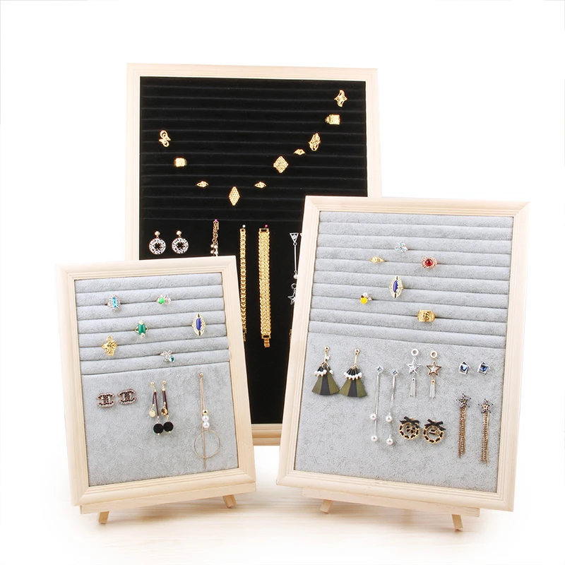 

Вешалка TONVIC для хранения ювелирных изделий, подставка для демонстрации цепочек, серег, серого и черного цвета с деревянной оборкой