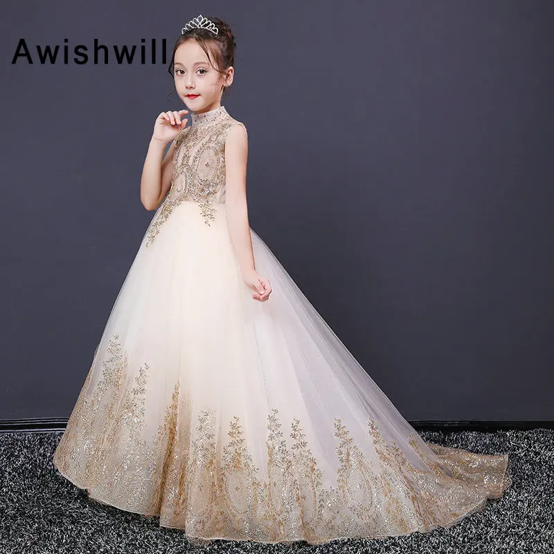 New Arrival 2020 Flower Girl Dresses High Neck Gold Lace Pagenat Dress Sleeveless Ball Gown Kids Party | Свадьбы и торжества