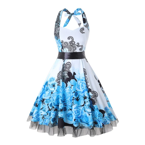 Light Blue OTEN 4XL женское платье с принтом в виде черепа пэтчворк с цветочным кружевом в горошек Ретро Винтаж в стиле кантри летнее платье,1950s Большой размер строп женское платье платье пляжное - Цвет: Light Blue