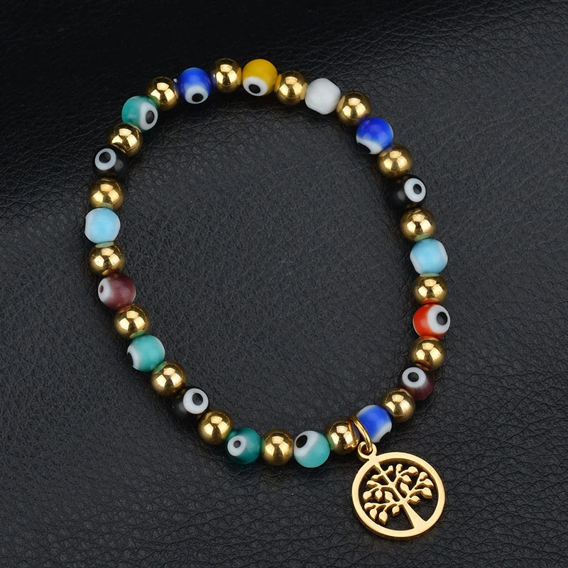 ELSEMODE Amulet Tree Life Blue Eye of Medusa 316L браслет из нержавеющей стали с бусинами Унисекс На