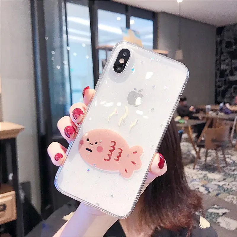 ORYKSZ For iPhone X XR XS Max Case Cartoon Fish Glitter Transparent Soft Phone iphone 8 7 6 6S Plus Silicone Back Cover |