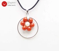 qingmos 28mm metal circle natural red coral pendant necklace for women with white pearl chokers necklace cord 19 jewelry 6392