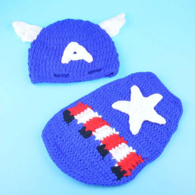 Crochet Pattern Captain America Newborn Photo Prop Outfit Knitted Baby Hat with Cape Handmade Infant Costume Set H231 | Детская одежда