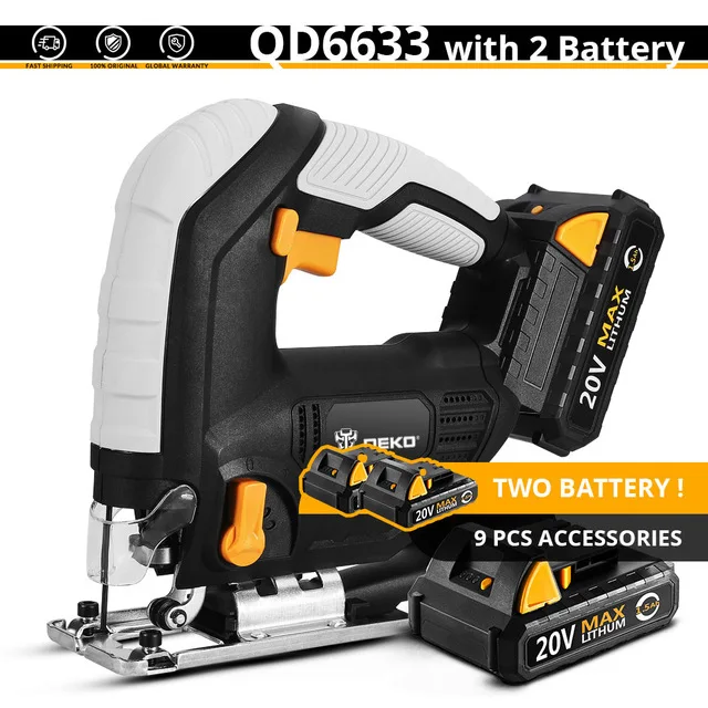 With 2 battery DEKO QD6633 20 в Электрический лобзик Регулируемая скорость Беспроводная пила по дереву с светодиодный светильник, 6 лезвий, металлическая линейка, шестигранный ключ - Цвет: With 2 battery