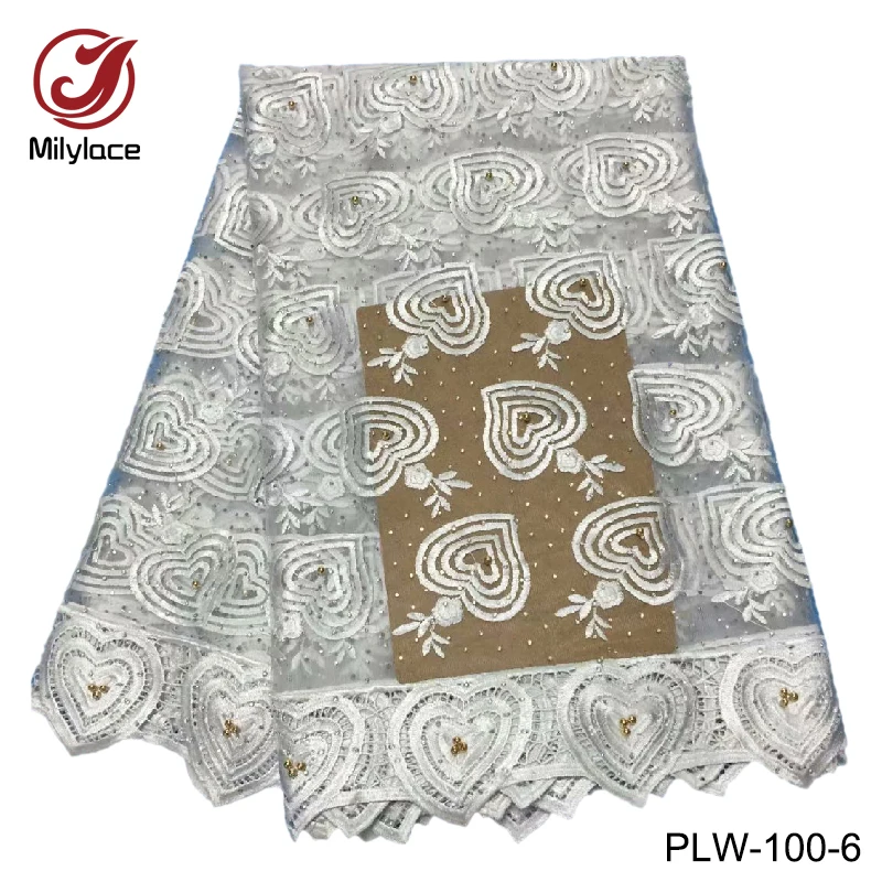 

Heart pattern African lace fabric with rhinestone and beads high class french tulle lace fabric for apparel PLW-100