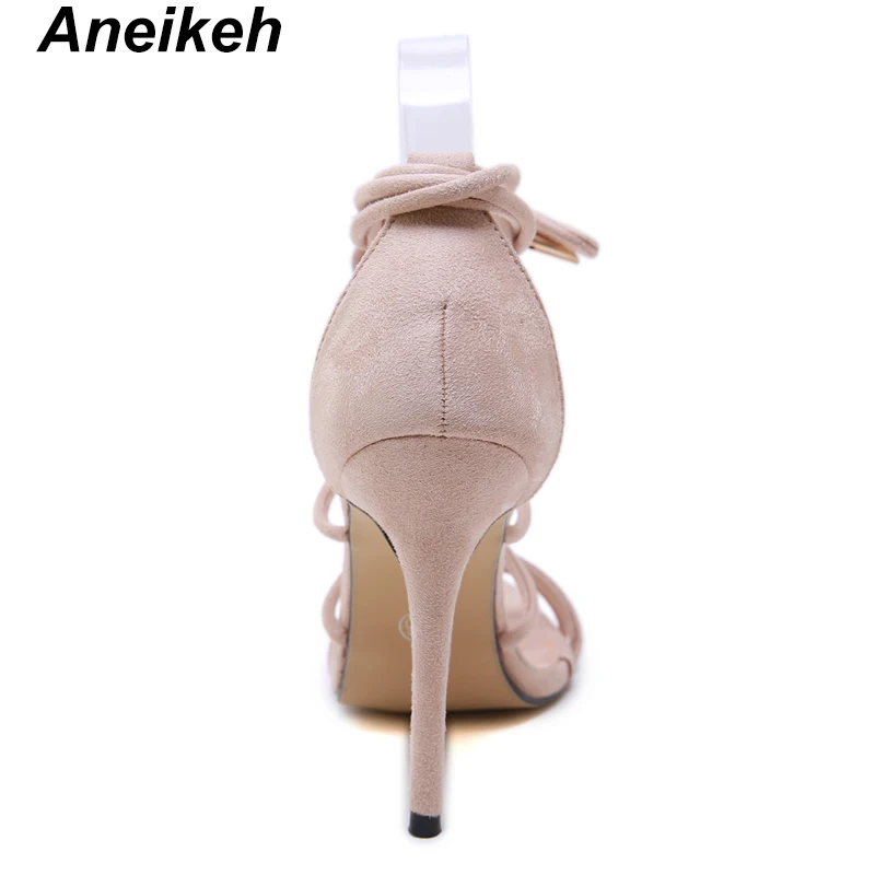 Aneikeh/Модные женские римские сандалии из флока на каблуке Туфли-лодочки с ремешком на щиколотке на шнуровке модельные туфли с открытым носком на очень высоком каблуке Женская обувь