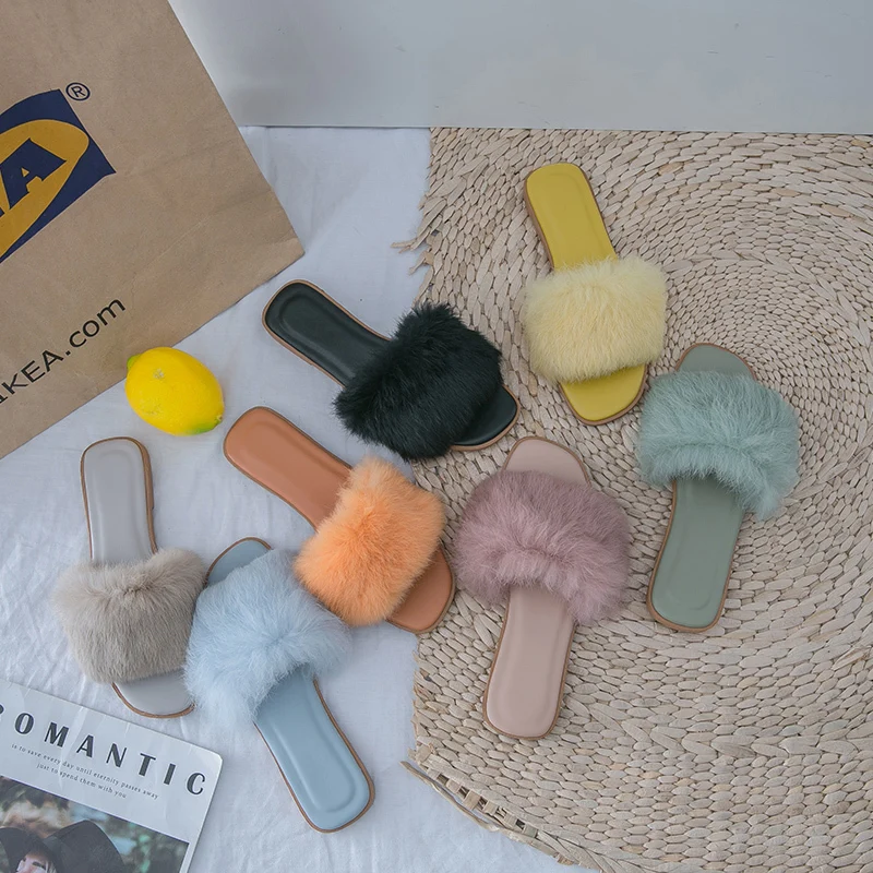 Женские шлепанцы Новинка 2019 года меховые ярких цветов женская обувь Вьетнамки