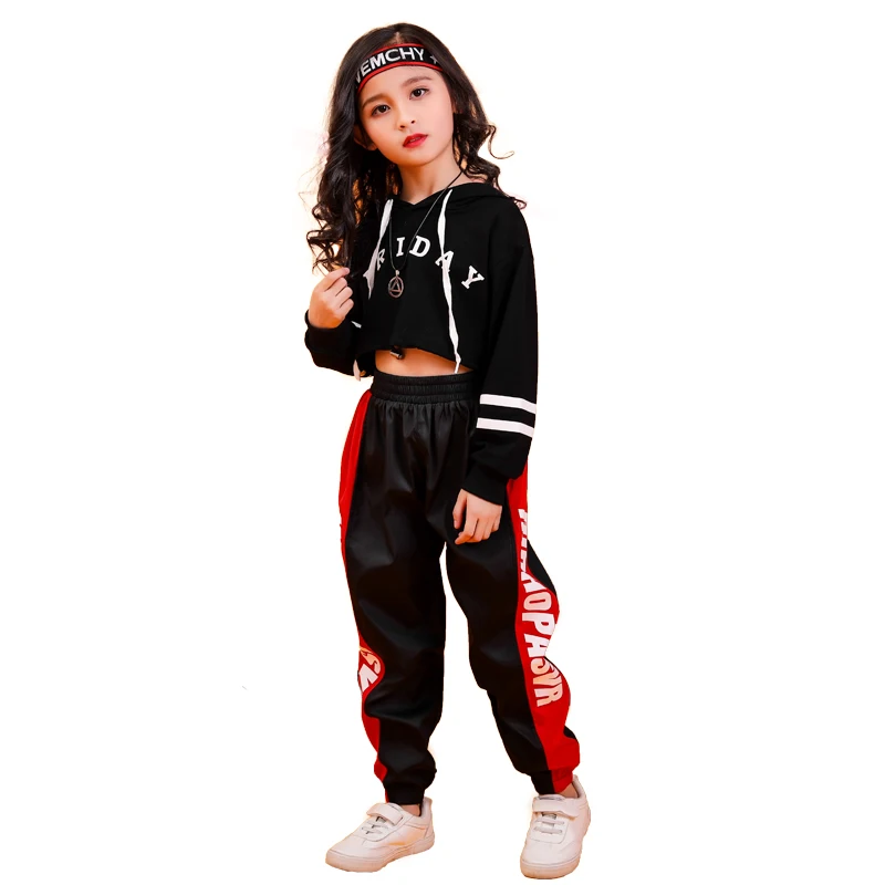 Джазовые танцевальные костюмы в стиле хип-хоп; детский топ с длинными рукавами и капюшоном; Штаны для бега; Одежда для девочек в стиле хип-хоп; одежда для уличных танцев; сценическая одежда