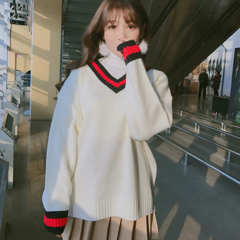 Ulzzang женский свитер с v-образным вырезом в студенческом стиле осенне-зимние новые
