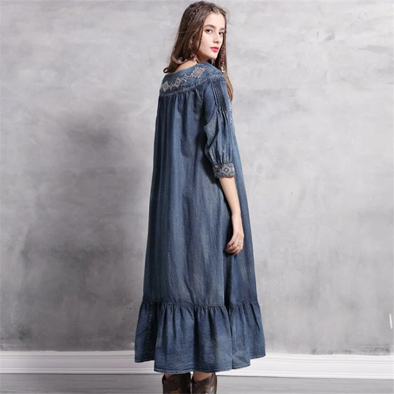 Женское винтажное платье с вышивкой повседневное Свободное длинное джинсовое