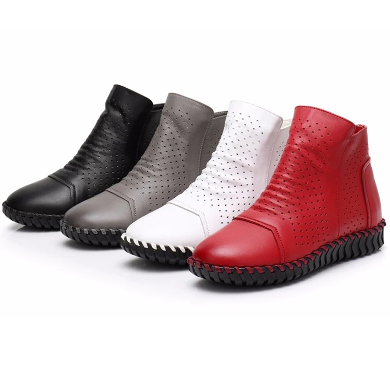 

TIMETANG Women Boots Genuine Leather Ankle Boots Hollow Summer Boots Chaussures Femme Comfortable Flat Women Shoes Large Size