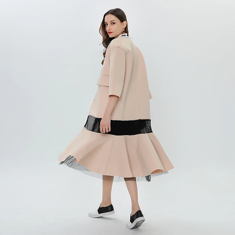 TWOTWINSTYLE Hollow Out Windbreaker For Women V Neck Patchwork Single Breasted Midi Trumpet Trench Coats Spring Fashion Clothing | Женская