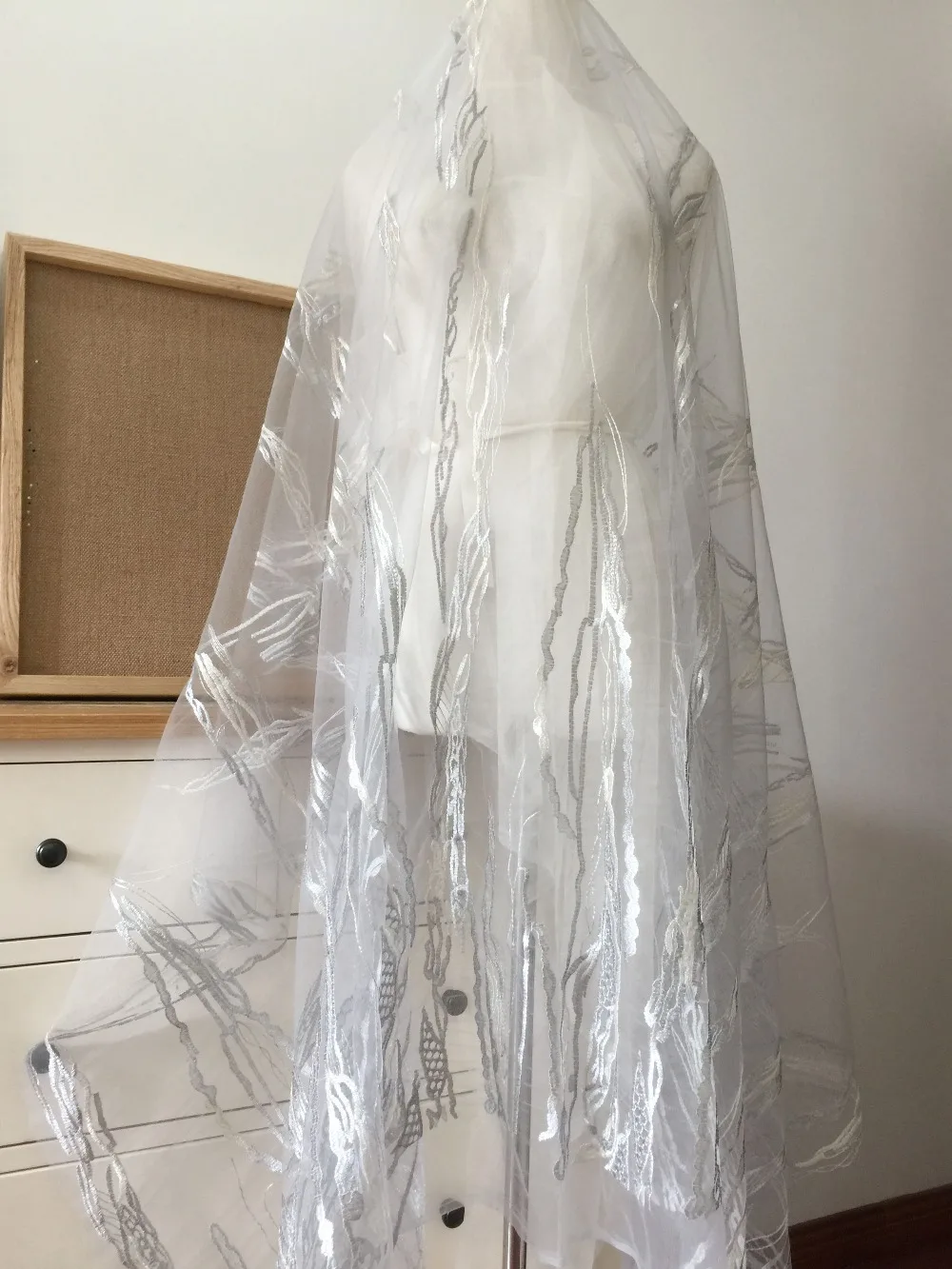 5 ярдов изящная мягкая Тюлевая линия вышивка кружевная ткань серого цвета для