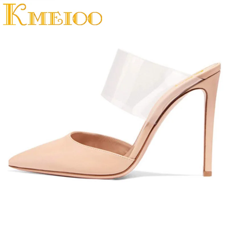 

Kmeioo Basic Mule Sandals Transparent High Heels Women Pointed Toe Clean Thin Heels Sexy Female Shoes Plus Size Wedding Pumps