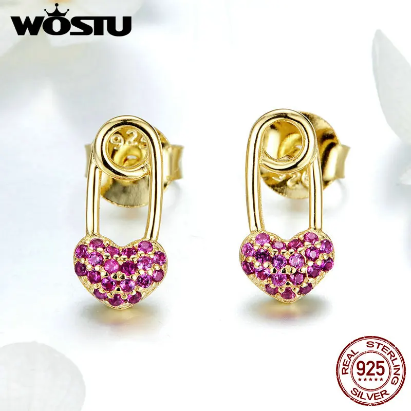 Женские серьги гвоздики с розовым сердцем WOSTU свадебные серебряные украшения