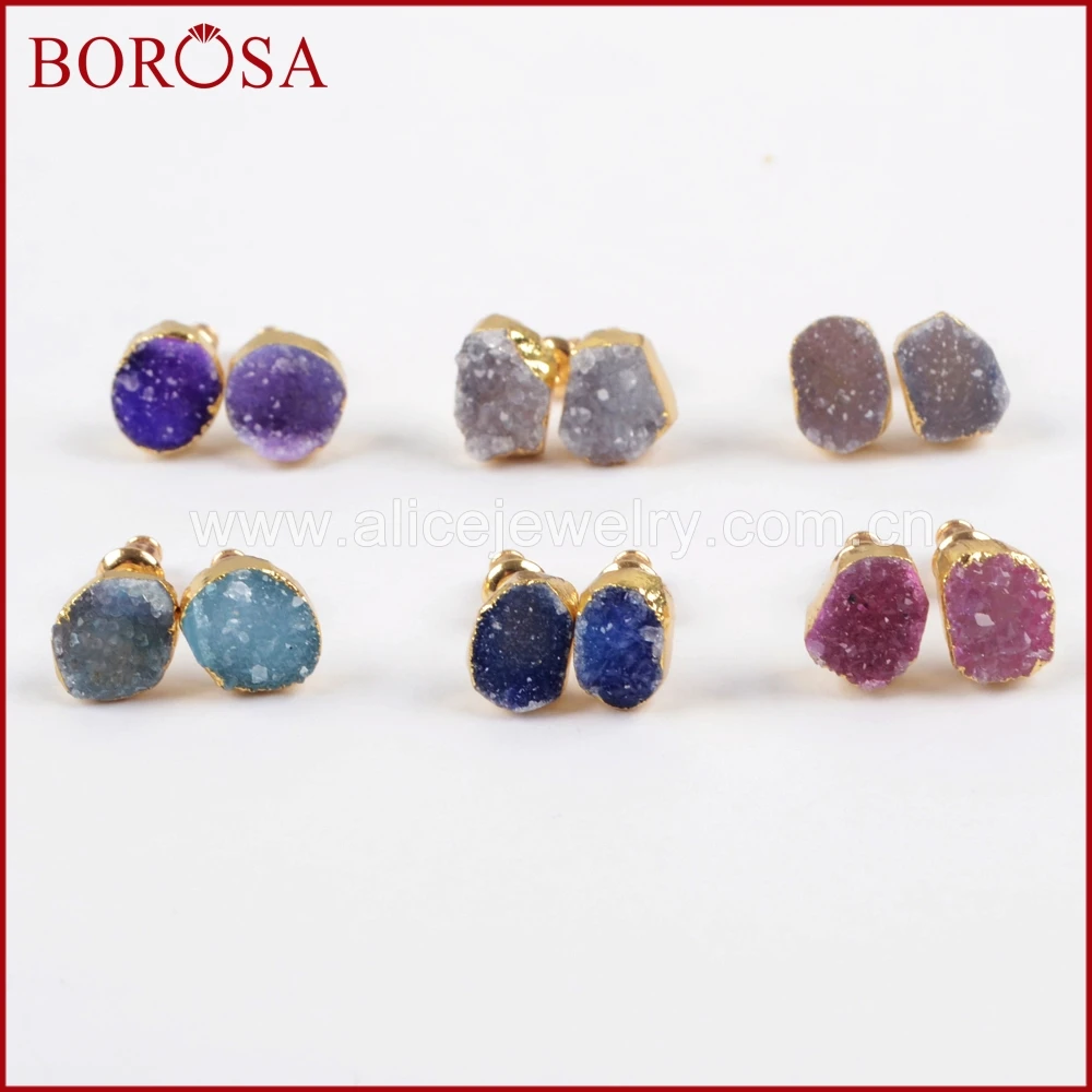 

BOROSA Elegant Gold Color Freeform Rainbow Druzy Stud Earrings for Women Girls, New Gems Drusy Earrings Jewelry G1448