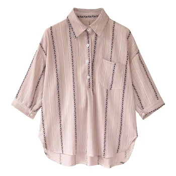 Women Plus Size Pullover Loose Blouse Striped Lapel Collar Seven Point Sleeve Solid Single Buckle Autumn Loose Casual Shirt 1