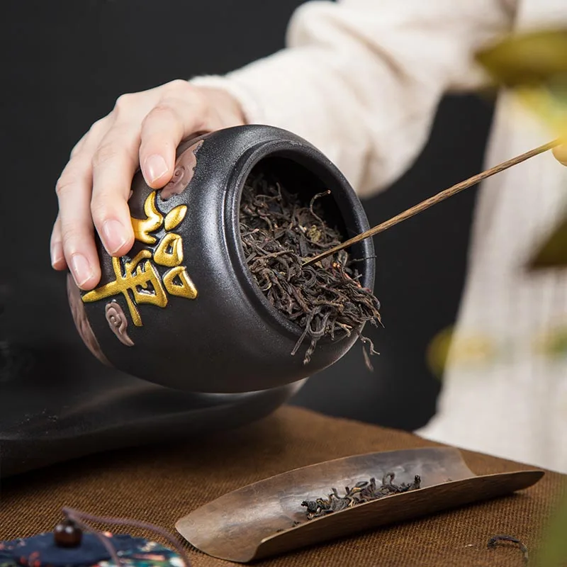 

Black Zen Japanese Style Coarse Pottery Tea Caddy Ceramic Pu'er Tea Container Kung Fu Tea Set Accessories Sealed Storage Jar New