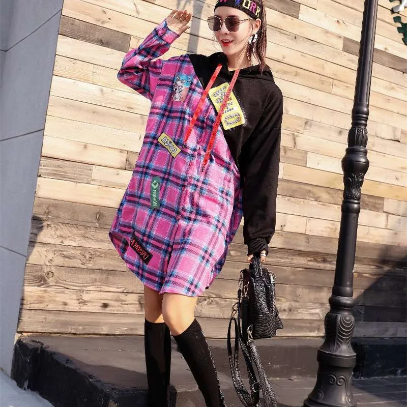 Для женщин Street Wear плед сращены длинные пуловеры плюс Размеры Повседневное