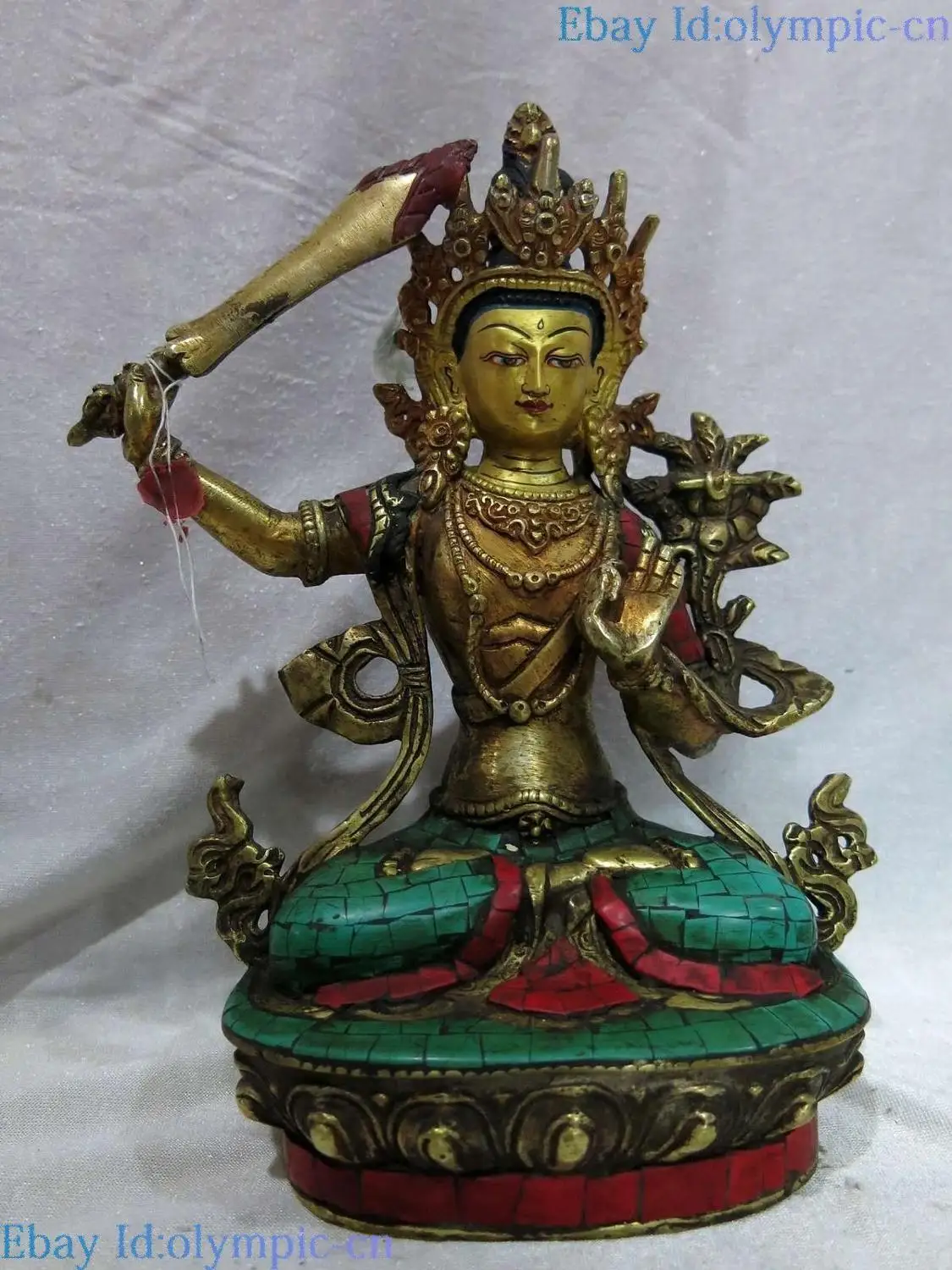 9 "Тибет Старая Бронза gild calaite скульптура Manjusri Kwan-yin статуя Бодхисаттвы | Дом и