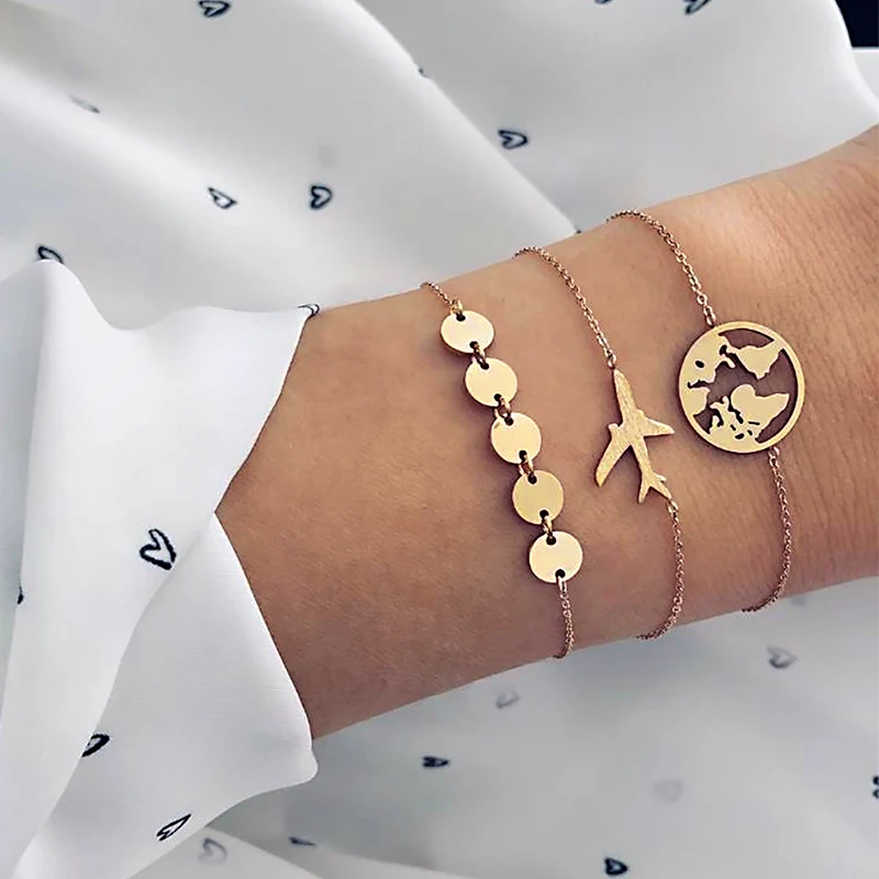 3 шт./компл. панк карта самолета круглая цепочка Золотая подвеска Женский браслет
