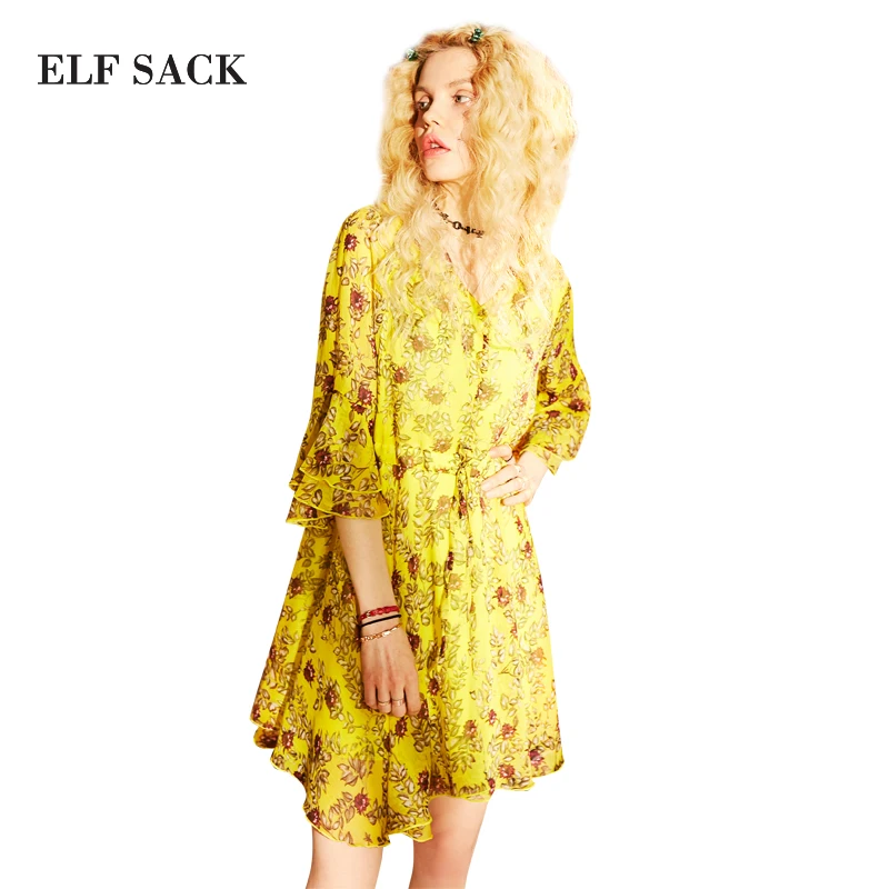 ELFSACK, женские летние шифоновые винтажные короткие платья, женские платья с расклешенными рукавами и цветочной талией, цельные вечерние платья с сексуальным v-образным вырезом